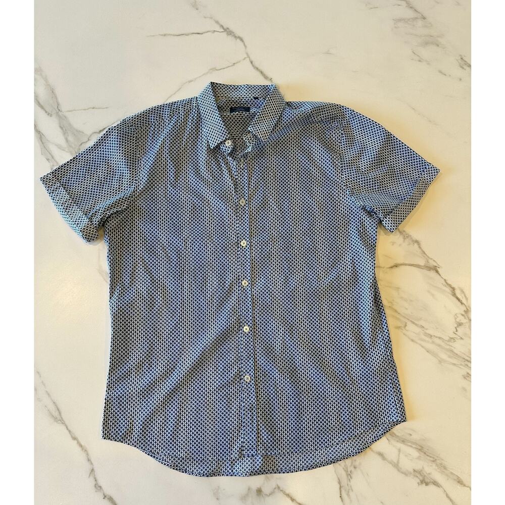 7 Diamonds Button Down Shirt Short Sleeve Spade Micro Print White Blue Men's L